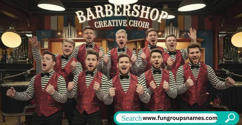 Barbershop quartet performing on stage, showcasing harmony and creativity in their choir group names.