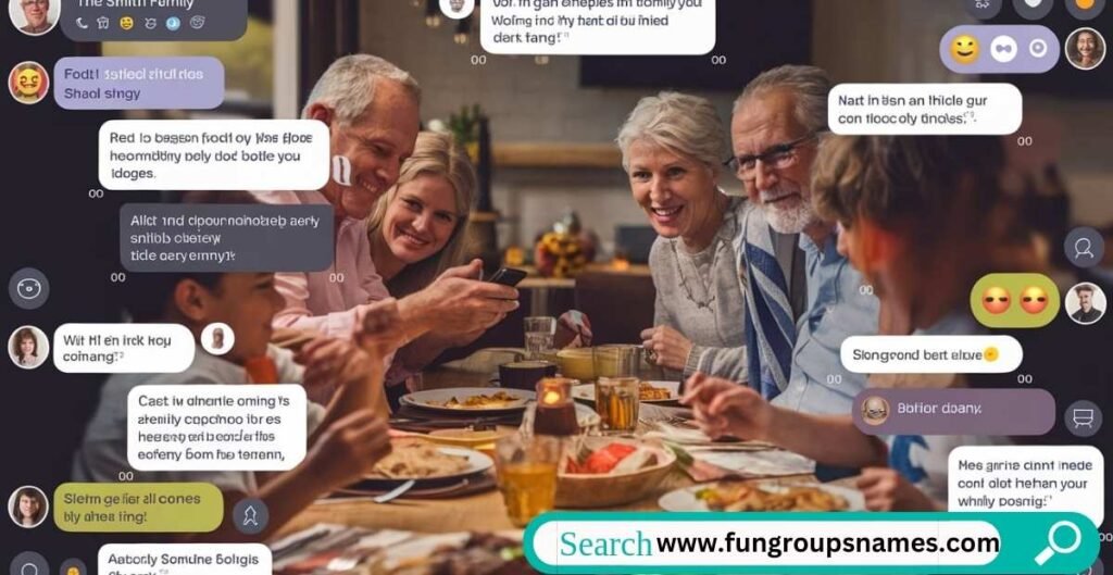 A cheerful family group chat illustration showing parents and kids texting in a vibrant digital chat window, perfect for family group chat name inspiratio