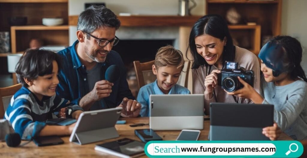 A modern, digital-themed image of a tech-savvy family enjoying their devices together, symbolizing the connection and creativity of tech-driven families.