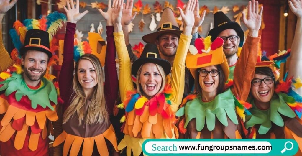 A festive Thanksgiving-themed image showcasing a group of people celebrating with team spirit, featuring creative team names, Turkey Day decorations, and autumn vibes.