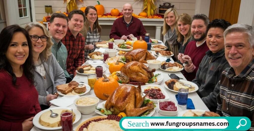 Creative food-themed Thanksgiving team names inspired by classic holiday dishes like turkey, stuffing, and cranberry sauce.