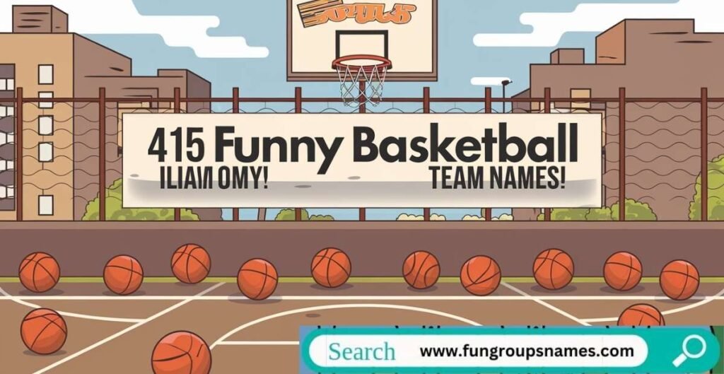 A vibrant basketball court with a fun, energetic team celebrating, featuring bold text that says "415 Funny Basketball Team Names!" in a creative and eye-catching design.