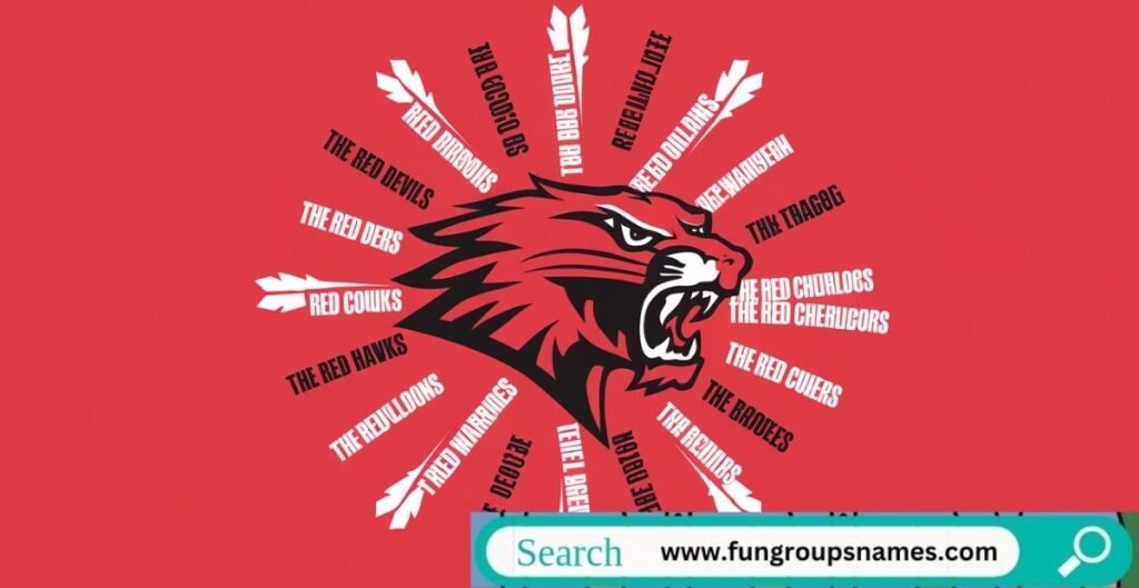 "Colorful graphic showcasing 515 fun red team names across various categories including sports, gaming, business, and community teams"